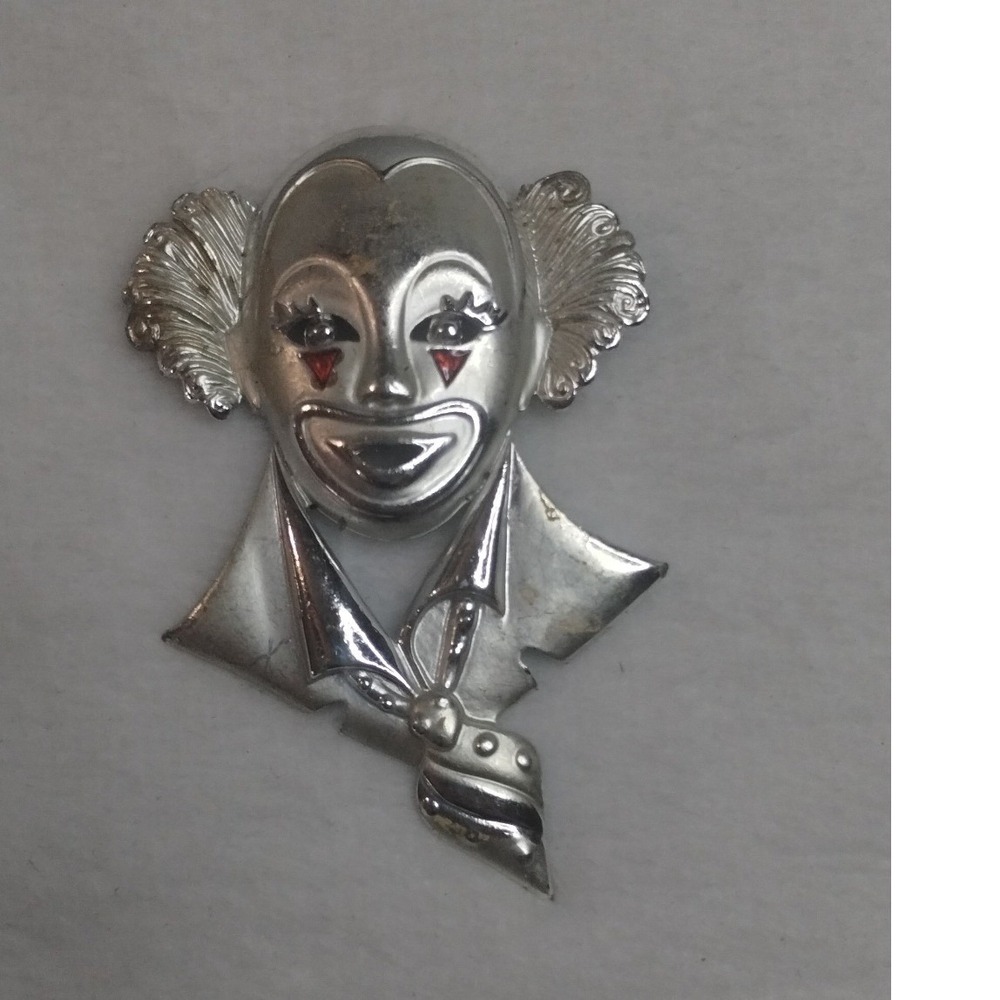 Vintage Silver Tone Smiling Clown Face Brooch Pin Red Rhinestone Eyes Circus
